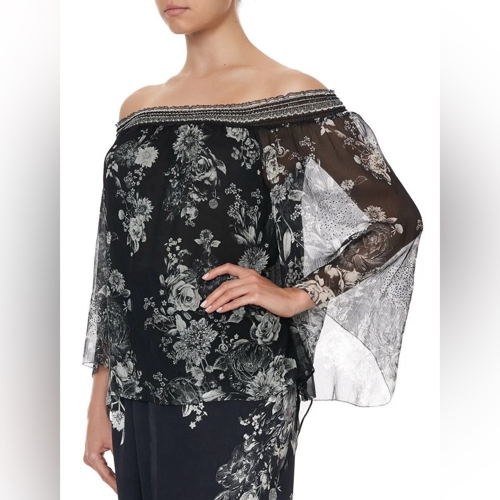 Camilla silk Off Shoulder Shirred Blouse
Moonshine Bloom Floral  Black Top